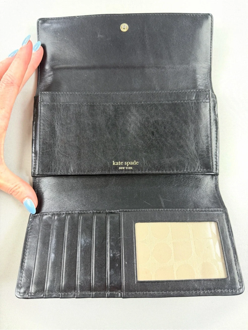 Kate Spade New York Leather Continental Wallet Brown Black Patent Leather Box
